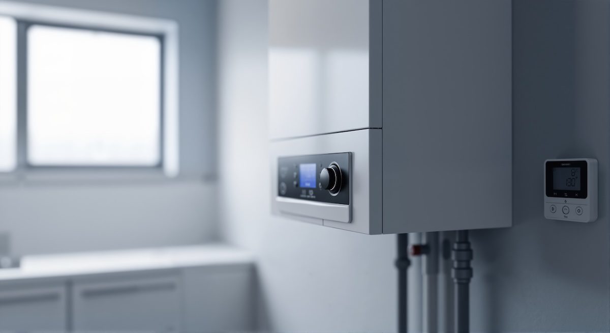 Modern gas boiler for heating and hot water installation. Heating system with digital display. House appliance concept for comfort indoor. plumbing and heating