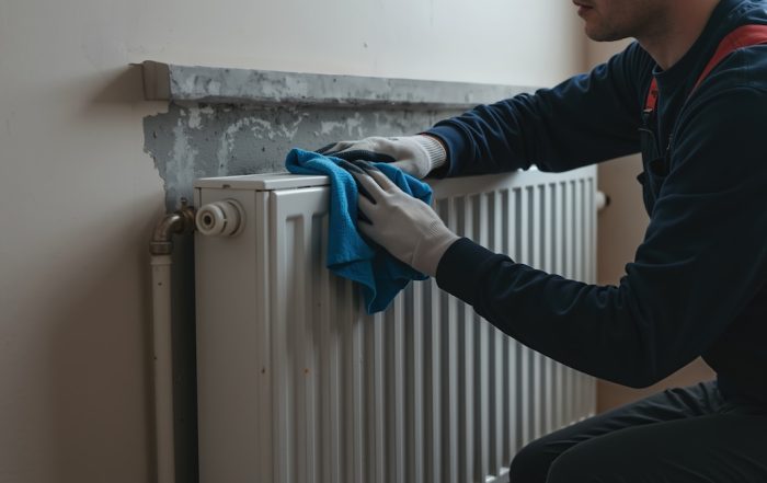 Heating engineer cleaning and inspecting a domestic radiator.