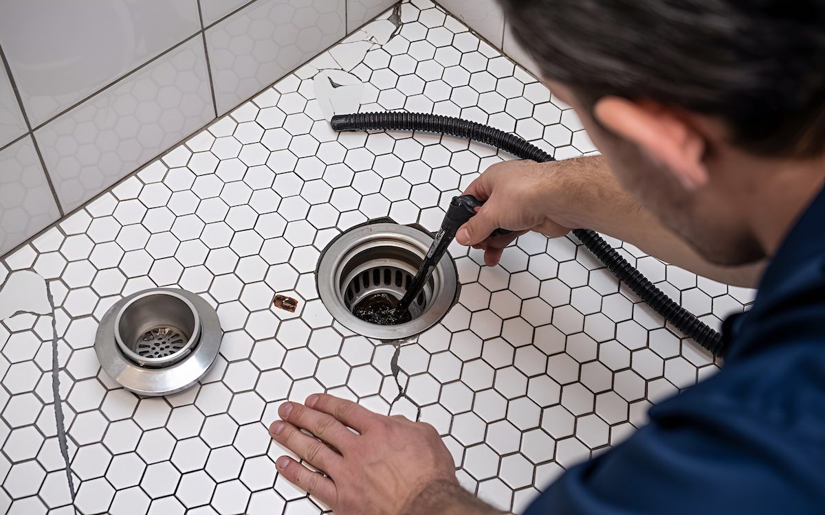 Plumber Unclogging Blocked Shower Drain with Hydro Jetting Sewer Cleaning Service plumbing and heating