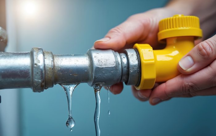 Close-up of a leaking pipe joint with water dripping as a hand tightens a yellow shut-off valve.