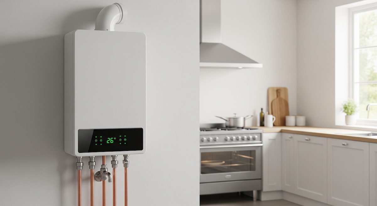 Modern white combi boiler mounted on a wall in a clean, contemporary kitchen setting plumbing and heating